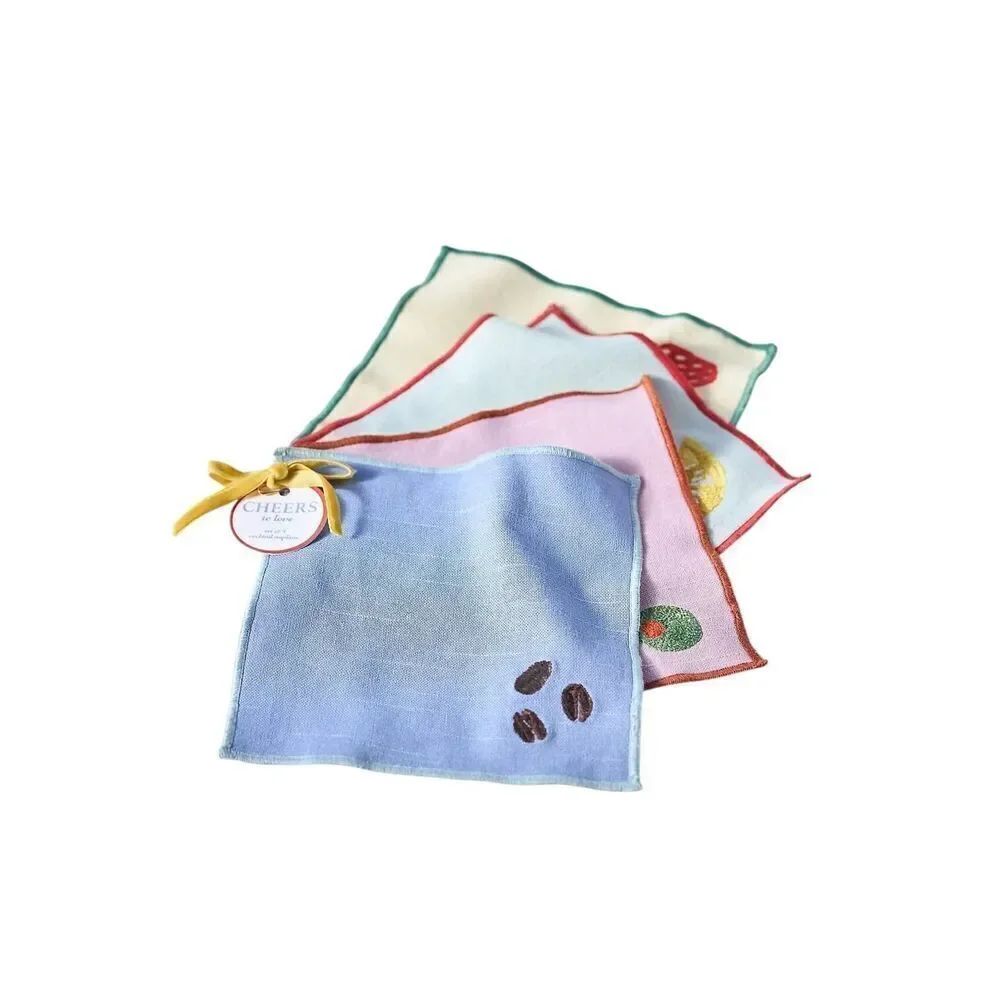 Anthropologie Pink Blue Happy Hour Cocktail Napkins Gift Set of 4